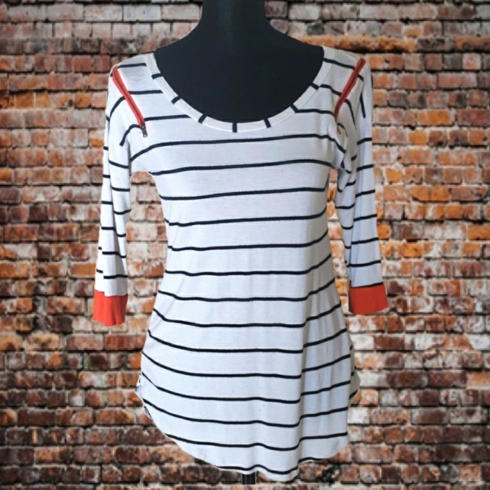 White and Black Striped Top | Orange Cuff | Zipper